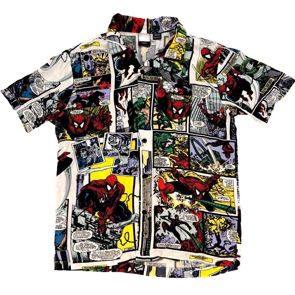 Spider Man Comic Panel Shirt Medium Marvel Rayon Button Up Streetwear‎